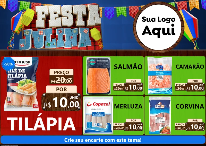 Modelo de Encarte para Encarte A4 Horizontal com o tema Festa Julina para Peixaria