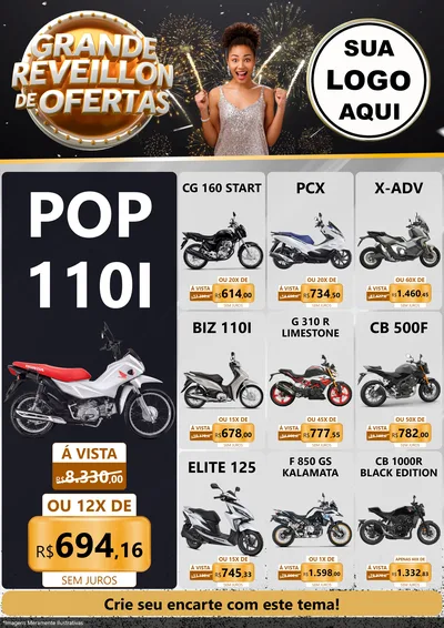 Modelo de Encarte para Encarte A4 Vertical com o tema Grande Réveillon de Ofertas para Concessionaria de Motos