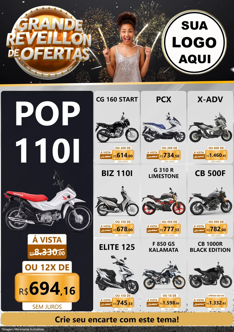 Modelo de Encarte para Encarte A4 Vertical com o tema Grande Réveillon de Ofertas para Concessionaria de Motos