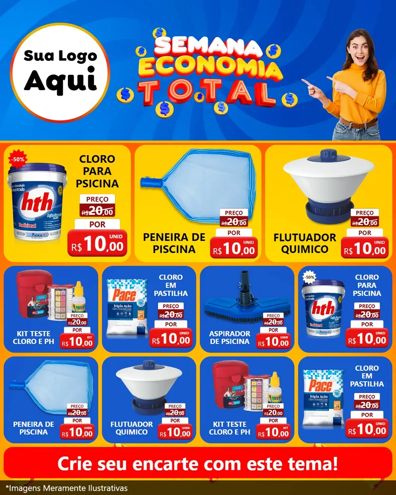 Modelo de Rede Social para Feed Instagram com o tema Semana Economia Total para Produtos para Piscina