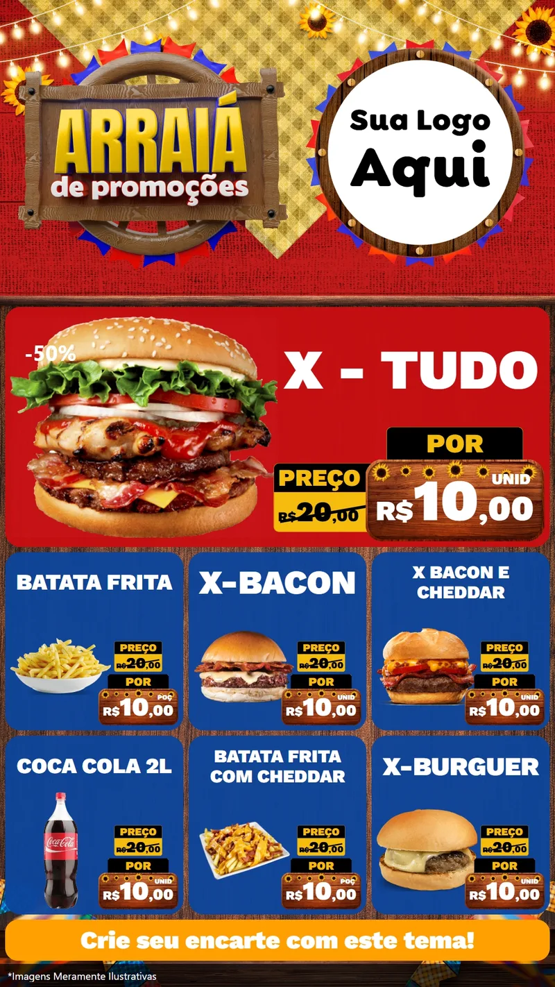 Modelo de Rede Social para Stories com o tema Arraiá de Promoções para Hamburgueria