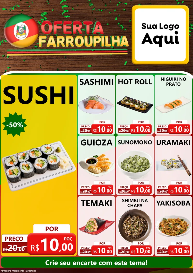 Modelo de Encarte para Encarte A4 Vertical com o tema Oferta Farroupilha para Comida japonesa