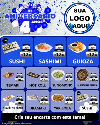 Modelo de Rede Social para Feed Instagram com o tema Promoção de Aniversário - 4 Anos para Comida japonesa