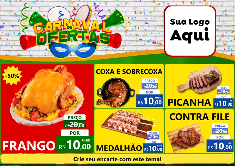 Modelo de Encarte para Encarte A4 Horizontal com o tema Carnaval de Ofertas para Assados