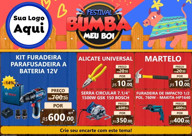 Modelo de Encarte para Encarte A4 Horizontal com o tema Festival Bumba Meu Boi para Maquinas e Ferramentas