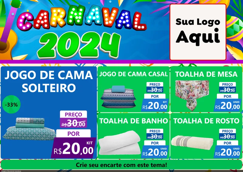 Modelo de Encarte para Encarte A4 Horizontal com o tema Carnaval 2027 para Cama, Mesa e Banho