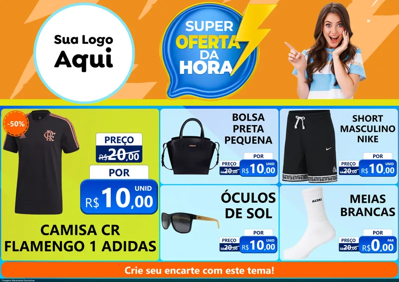 Modelo de Encarte para Encarte A4 Horizontal com o tema Super Oferta da Hora para Roupas e acessórios
