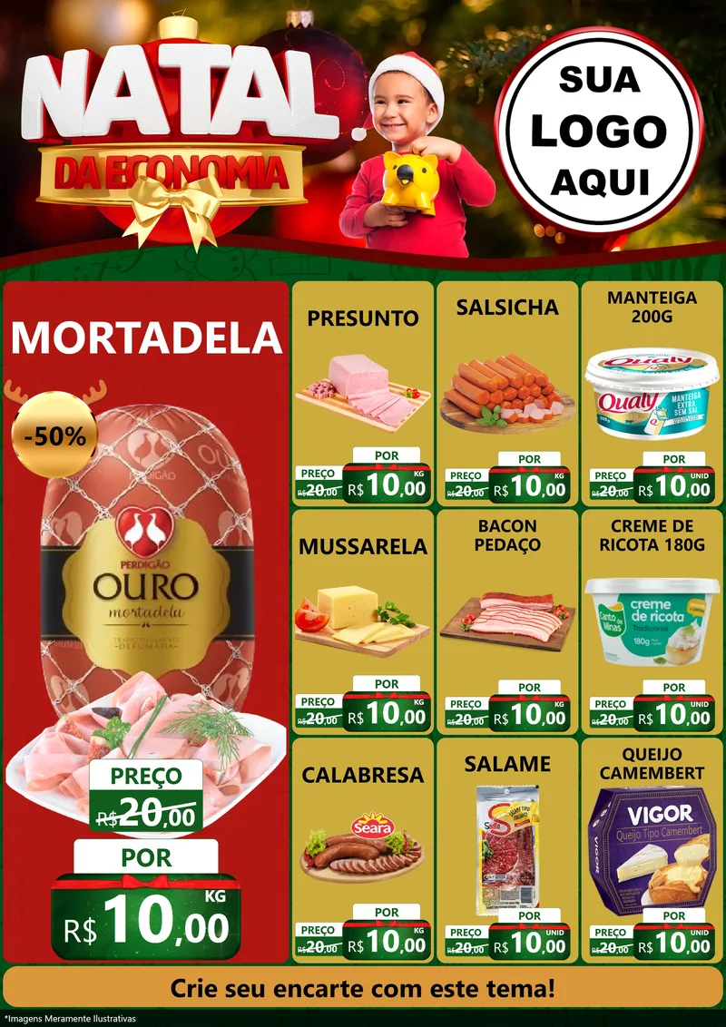 Modelo de Encarte para Encarte A4 Vertical com o tema Natal da Economia para Frios e Laticínios