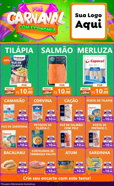 Modelo de Encarte para Encarte Grande com o tema Pré-Carnaval Com Economia para Peixaria