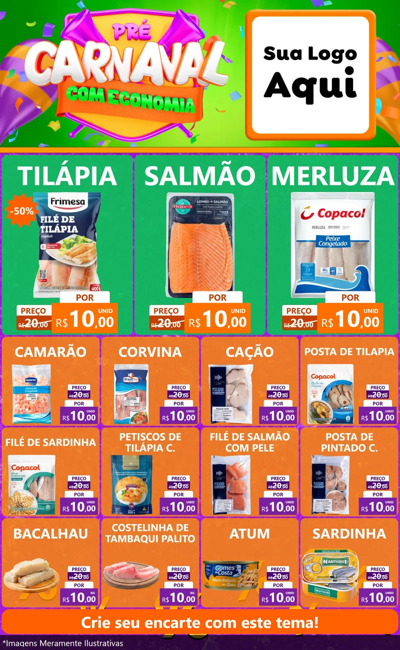 Modelo de Encarte para Encarte Grande com o tema Pré-Carnaval Com Economia para Peixaria