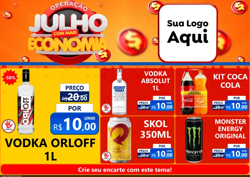 Modelo de Encarte para Encarte A4 Horizontal com o tema Operação Julho Com Mais Economia para Distribuidora de bebidas
