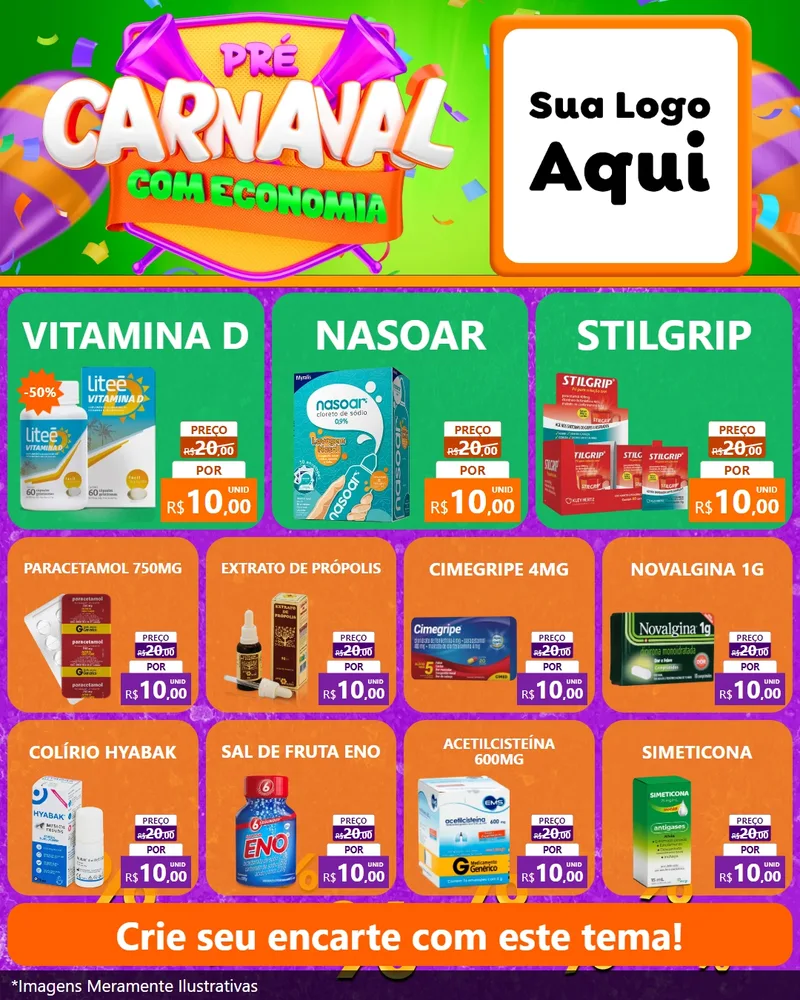 Modelo de Rede Social para Feed Instagram com o tema Pré-Carnaval Com Economia para Farmácia