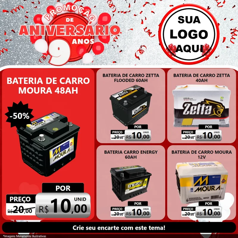 Modelo de Rede Social para Feed Facebook com o tema Promoção de Aniversário - 9 Anos para Baterias Elétricas