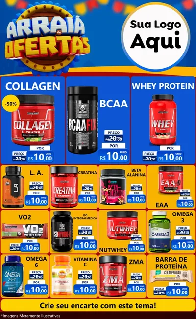 Modelo de Encarte para Encarte Grande com o tema Arraiá de Ofertas - Junina para Suplementos alimentares