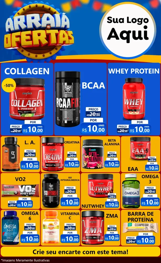 Modelo de Encarte para Encarte Grande com o tema Arraiá de Ofertas - Junina para Suplementos alimentares