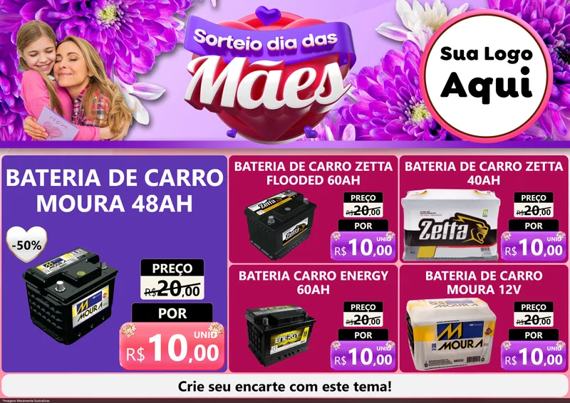 Modelo de Encarte para Encarte A4 Horizontal com o tema Sorteio Dia das Mães para Baterias Elétricas