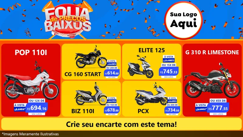 Modelo de TV para TV Horizontal com o tema Folia de Preços Baixos para Concessionaria de Motos
