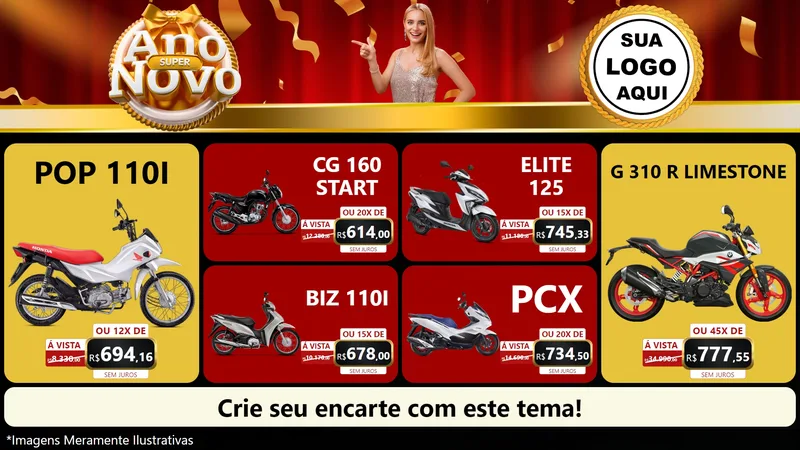Modelo de TV para TV Horizontal com o tema Super Ano Novo para Concessionaria de Motos