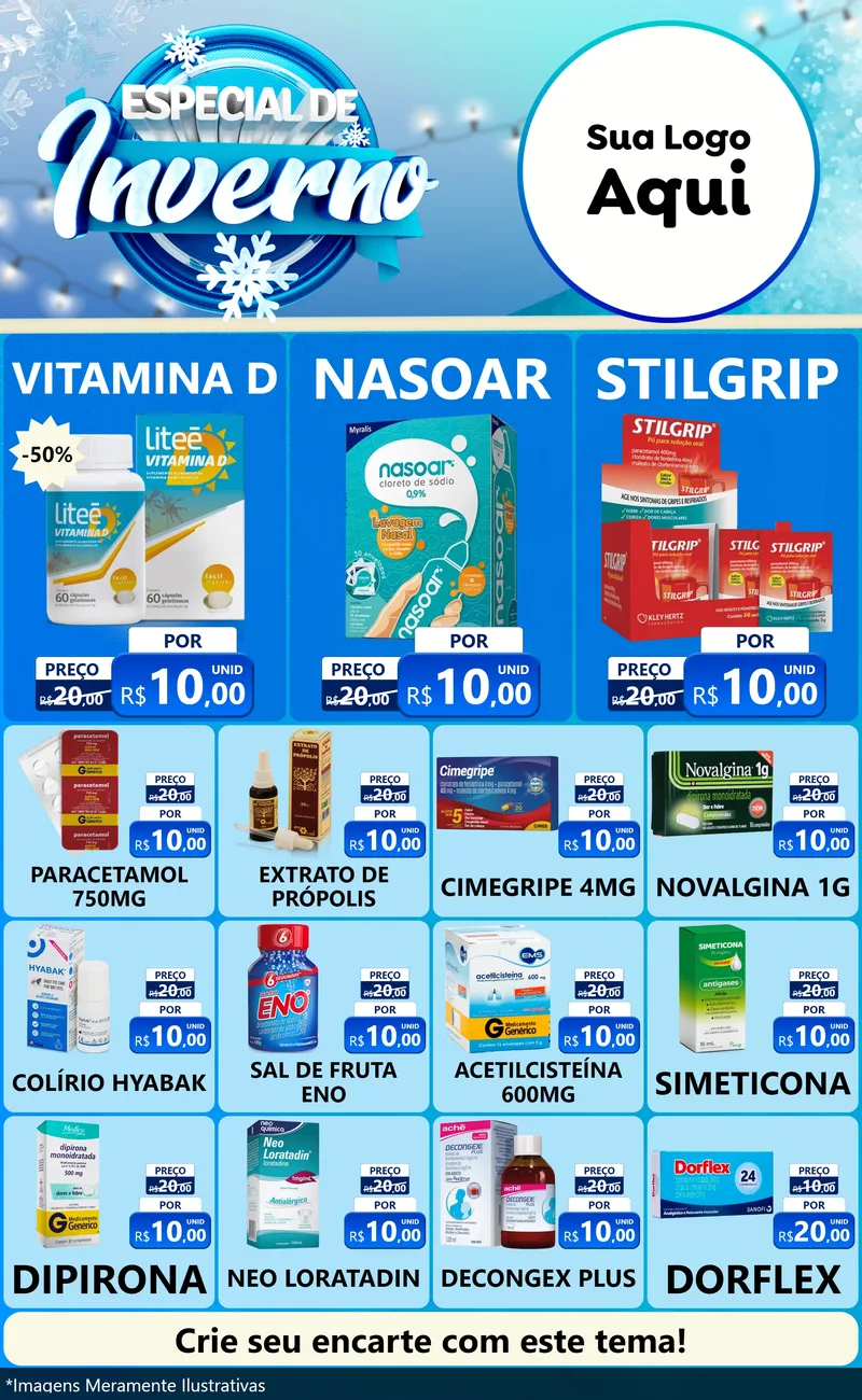 Modelo de Encarte para Encarte Grande com o tema Especial de Inverno para Farmácia