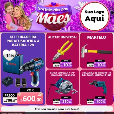 Modelo de Rede Social para Feed Facebook com o tema Sorteio Dia das Mães para Maquinas e Ferramentas