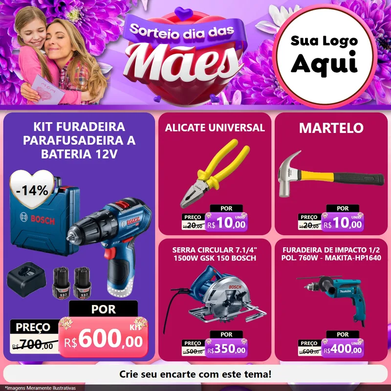 Modelo de Rede Social para Feed Facebook com o tema Sorteio Dia das Mães para Maquinas e Ferramentas
