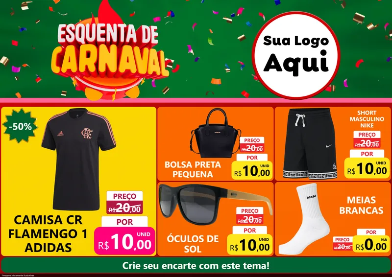 Modelo de Encarte para Encarte A4 Horizontal com o tema Esquenta de Carnaval para Roupas e acessórios