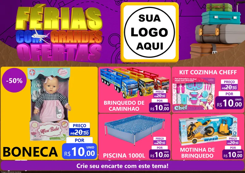Modelo de Encarte para Encarte A4 Horizontal com o tema Férias com Grandes Ofertas para Brinquedos