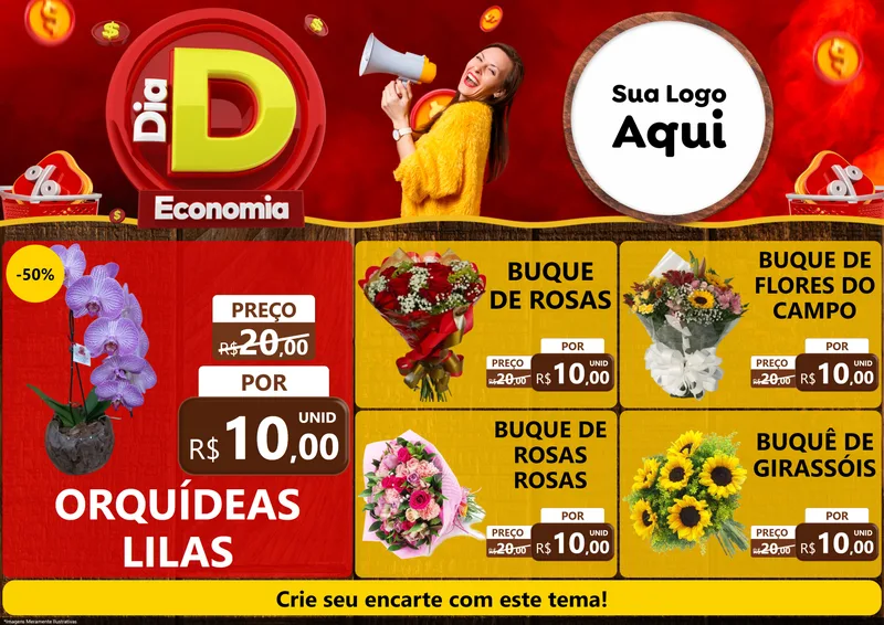 Modelo de Encarte para Encarte A4 Horizontal com o tema Dia D Economia para Floricultura e jardim
