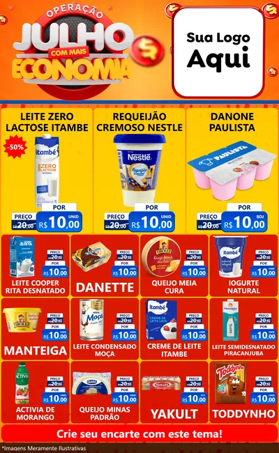 Modelo de Encarte para Encarte Grande com o tema Operação Julho Com Mais Economia para Frios e Laticínios