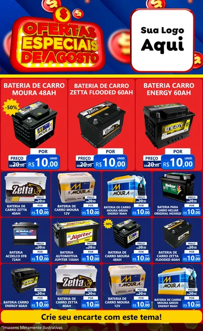 Modelo de Encarte para Encarte Grande com o tema Ofertas Especiais de Agosto para Baterias Elétricas