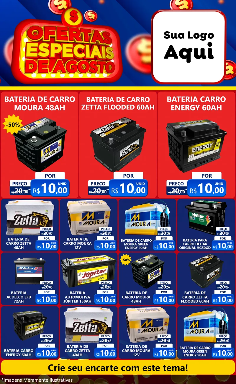 Modelo de Encarte para Encarte Grande com o tema Ofertas Especiais de Agosto para Baterias Elétricas
