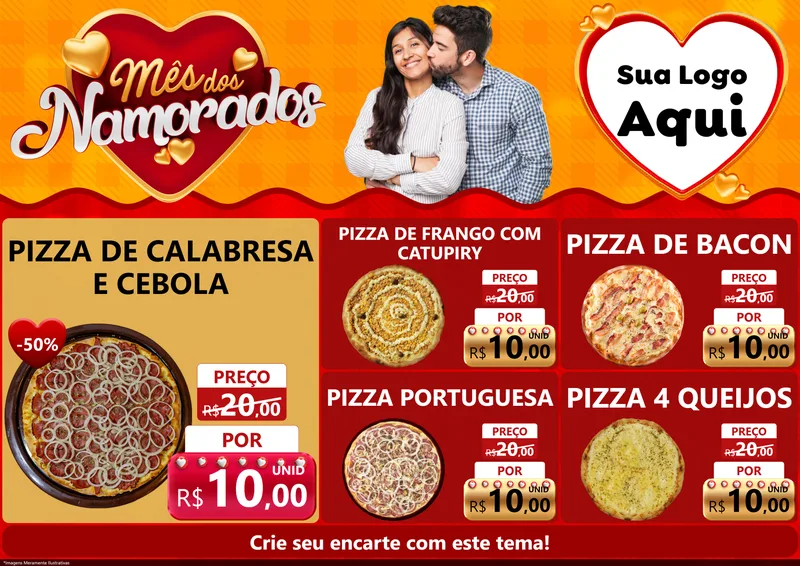 Modelo de Encarte para Encarte A4 Horizontal com o tema Mês dos Namorados para Pizzaria
