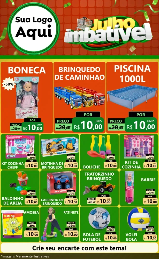 Modelo de Encarte para Encarte Grande com o tema Julho Imbatível para Brinquedos