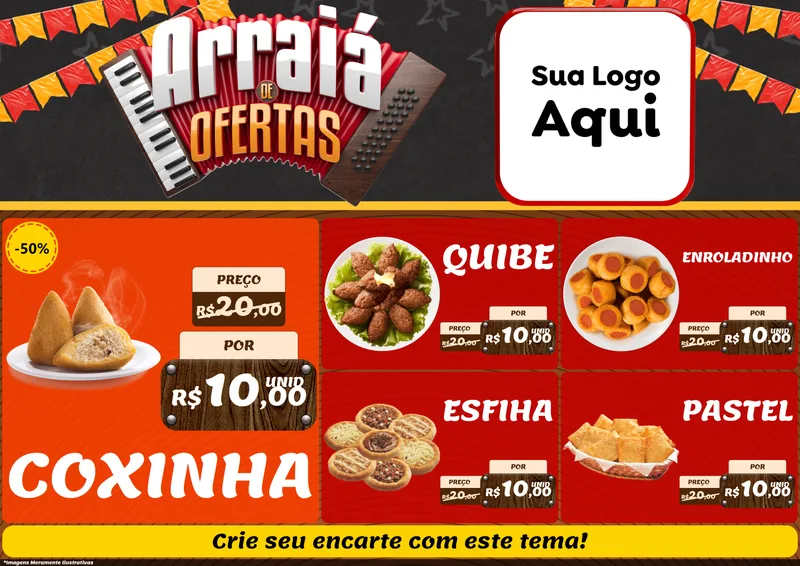 Modelo de Encarte para Encarte A4 Horizontal com o tema Arraiá de Ofertas - Junina para Salgadaria