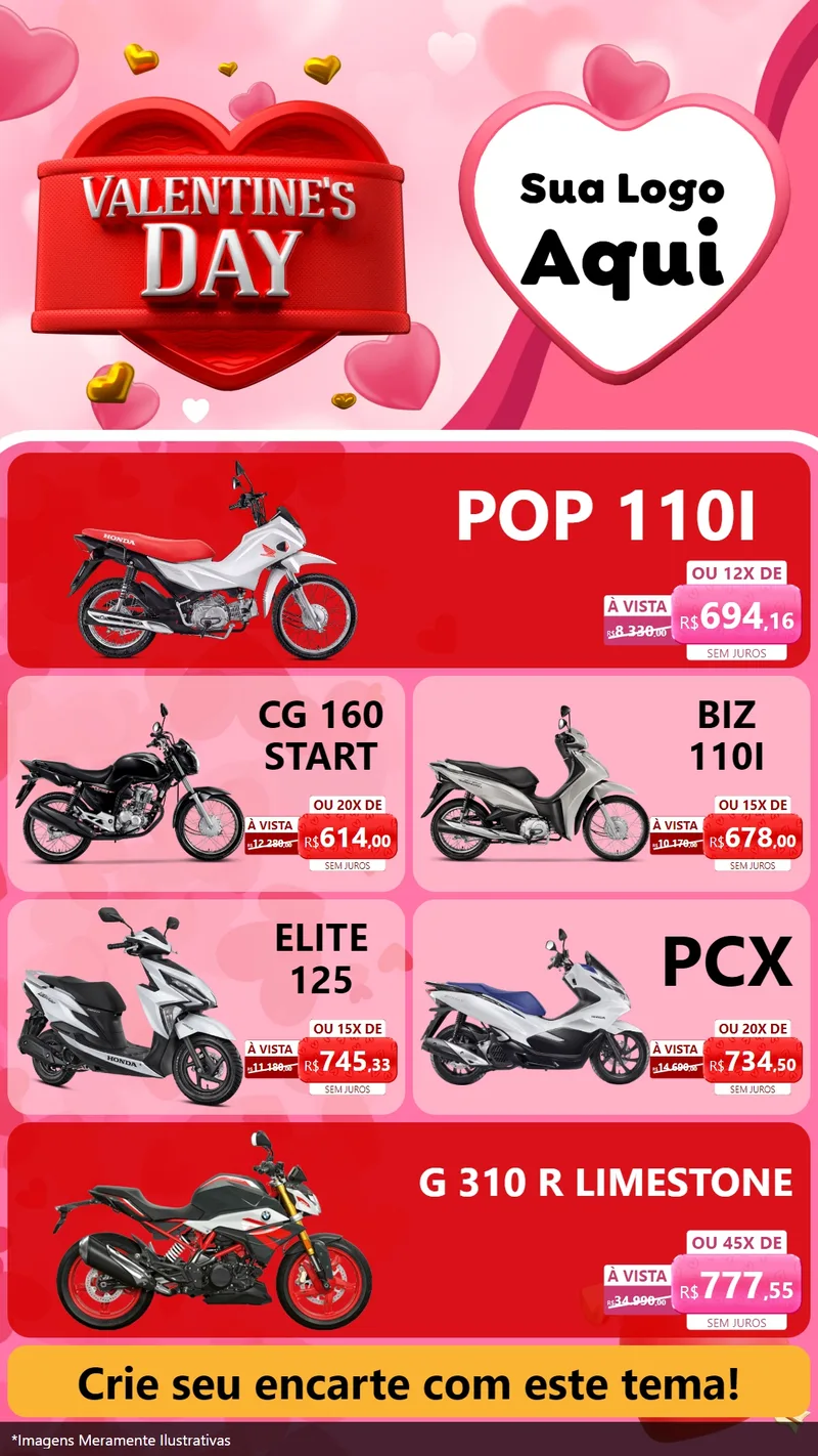 Modelo de TV para TV Vertical com o tema Valentine's Day para Concessionaria de Motos