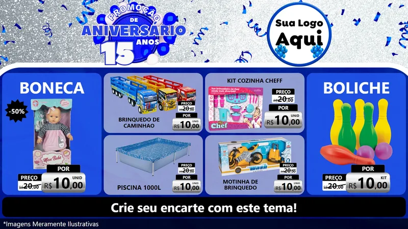 Modelo de TV para TV Horizontal com o tema Promoção de Aniversário - 15 Anos para Brinquedos