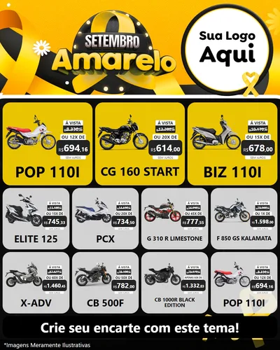 Modelo de Rede Social para Feed Instagram com o tema Setembro Amarelo para Concessionaria de Motos