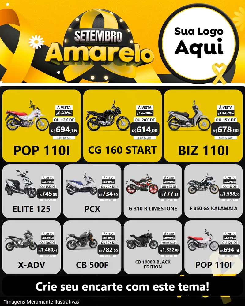 Modelo de Rede Social para Feed Instagram com o tema Setembro Amarelo para Concessionaria de Motos