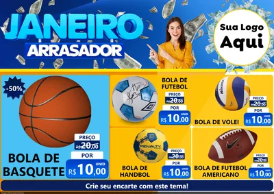 Modelo de Encarte para Encarte A4 Horizontal com o tema Janeiro Arrasador para Artigos Esportivos