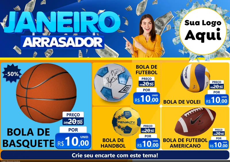 Modelo de Encarte para Encarte A4 Horizontal com o tema Janeiro Arrasador para Artigos Esportivos