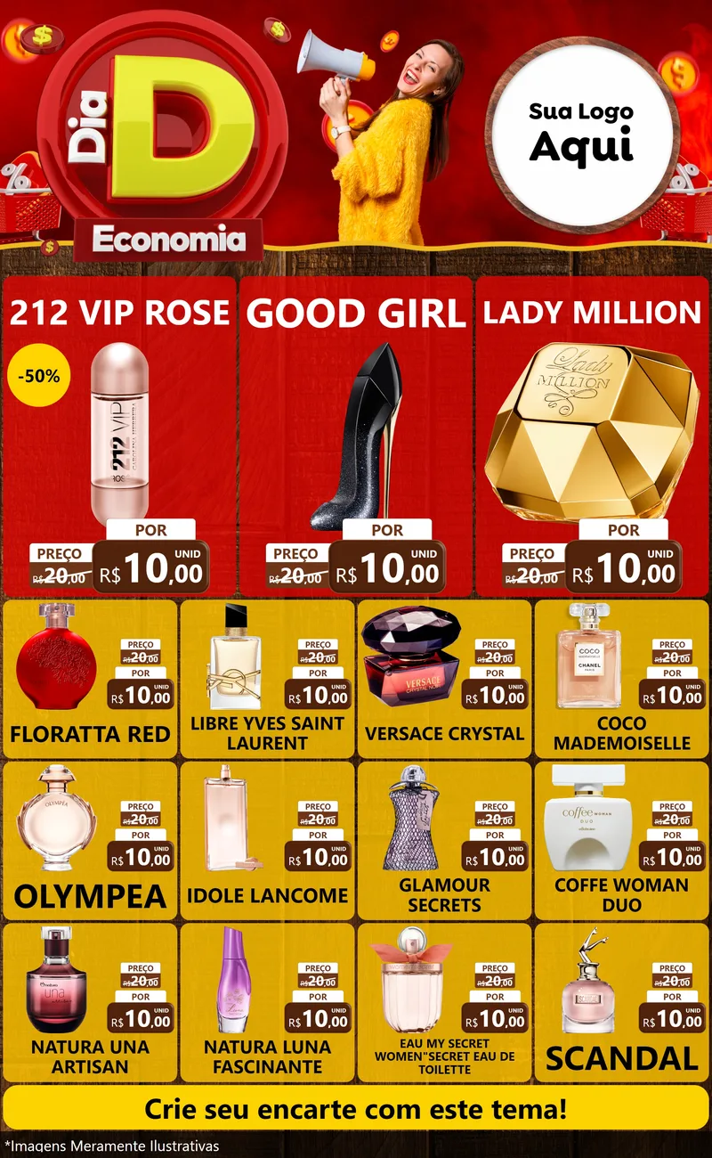 Modelo de Encarte para Encarte Grande com o tema Dia D Economia para Perfumes