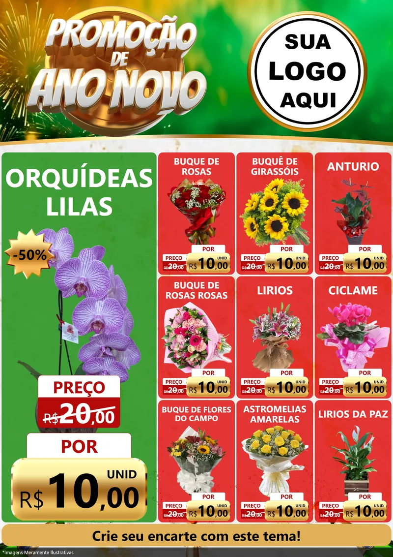Modelo de Encarte para Encarte A4 Vertical com o tema Promoção de Ano Novo para Floricultura e jardim