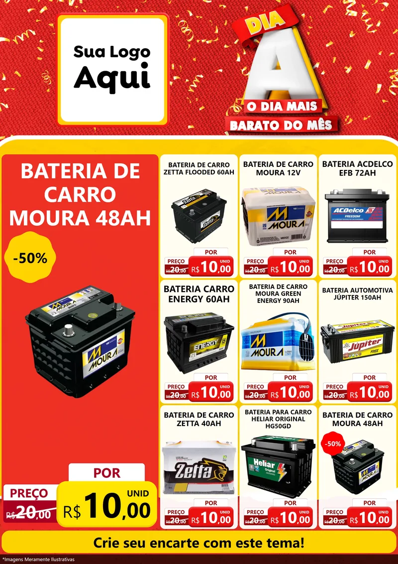 Modelo de Encarte para Encarte A4 Vertical com o tema Dia A o Dia Mais Barato do Mês para Baterias Elétricas