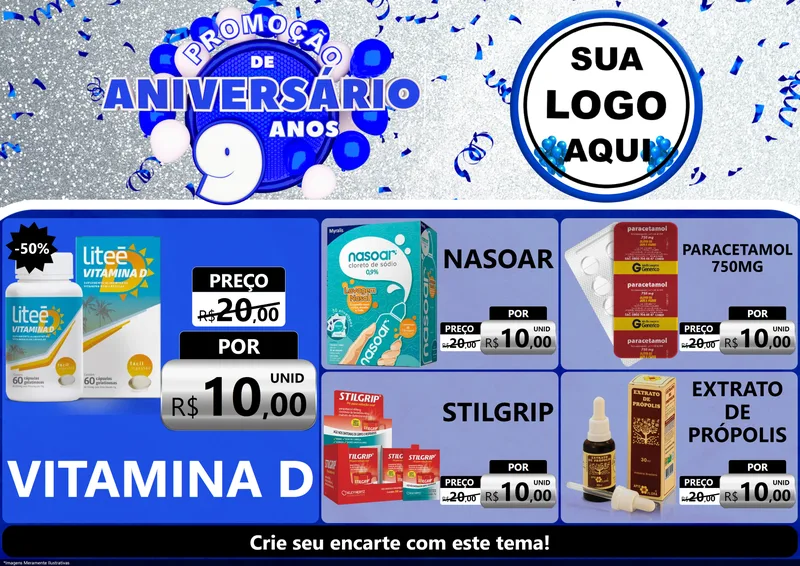 Modelo de Encarte para Encarte A4 Horizontal com o tema Promoção de Aniversário - 9 Anos para Farmácia