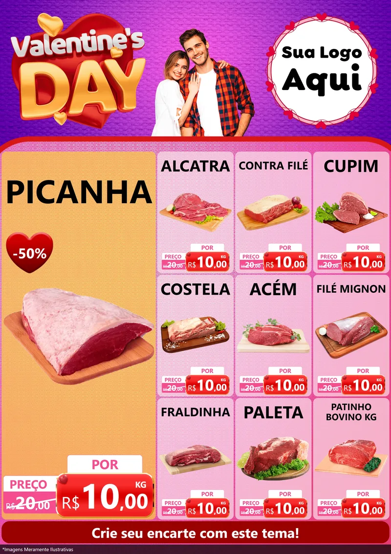 Modelo de Encarte para Encarte A4 Vertical com o tema Valentine's Day para Açougue