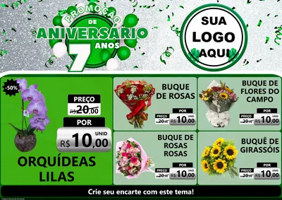 Modelo de Encarte para Encarte A4 Horizontal com o tema Promoção de Aniversário - 7 Anos para Floricultura e jardim