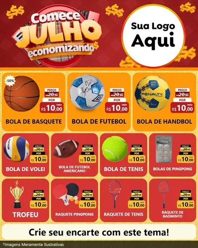 Modelo de Rede Social para Feed Instagram com o tema Comece Julho Economizando para Artigos Esportivos