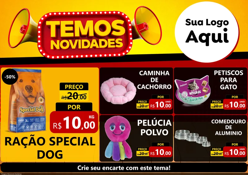 Modelo de Encarte para Encarte A4 Horizontal com o tema Temos Novidades para Pet Shop