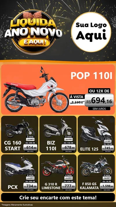 Modelo de Rede Social para Stories com o tema Liquida Ano Novo É Aqui! para Concessionaria de Motos