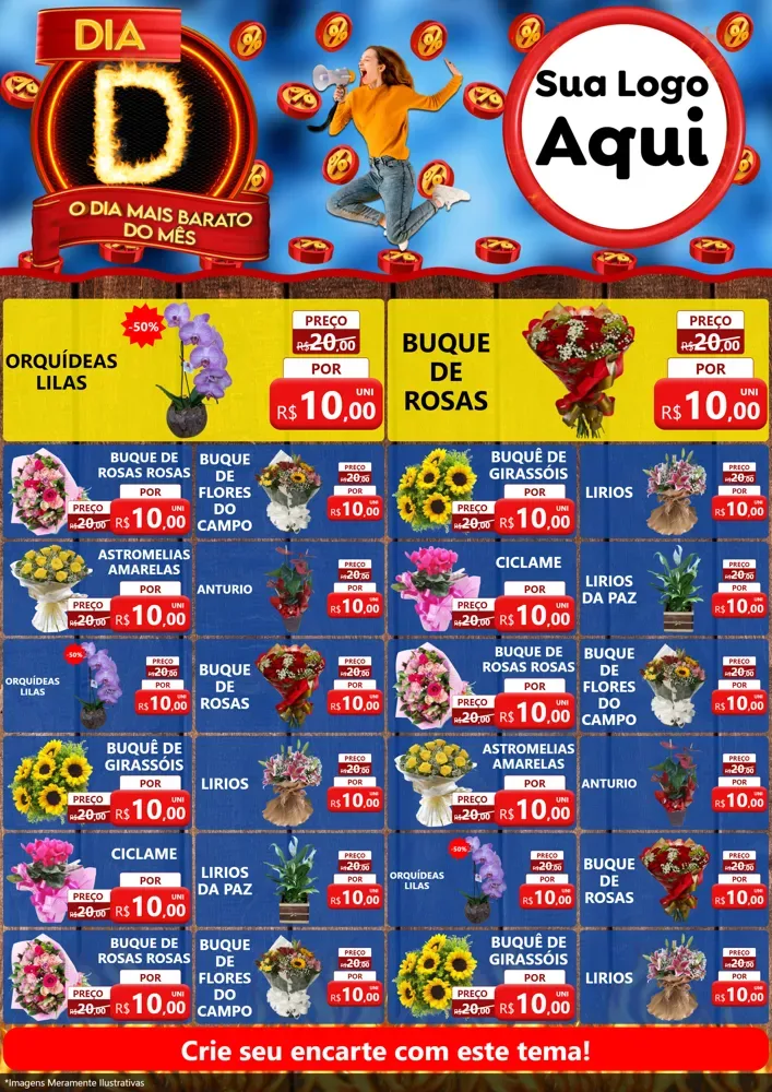 Modelo de Encarte para Encarte A4 Vertical com o tema Dia D - O Dia Mais Barato Do Mês para Floricultura e jardim